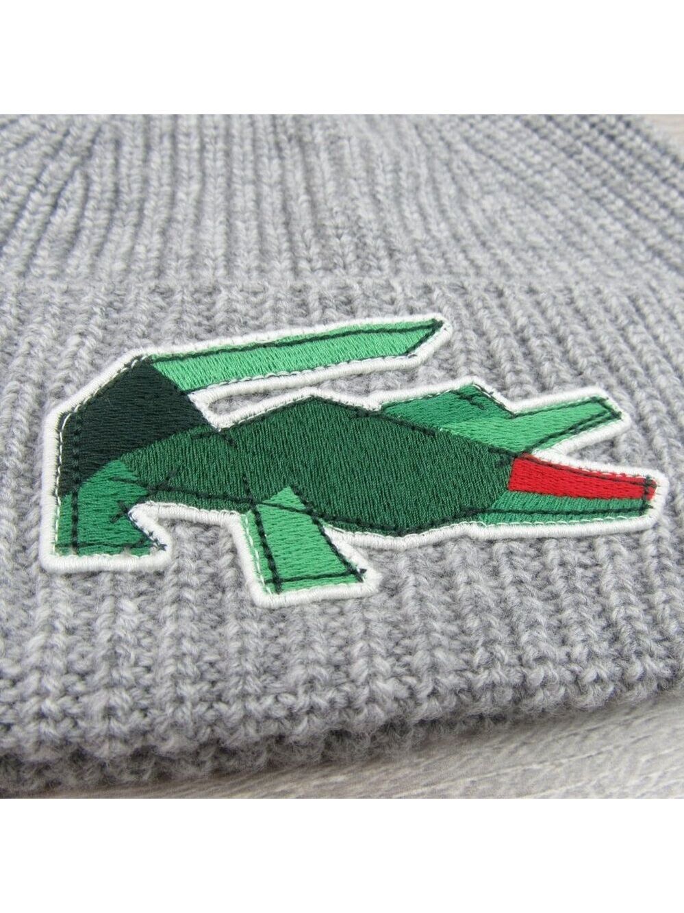 Lacoste Crocodile Big Patch Grey Wool Beanie Cap One Size NEW - Picture 6 of 13